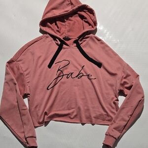 SHEIN Pink 'Babe' Cropped Hoodie with Black Drawstrings